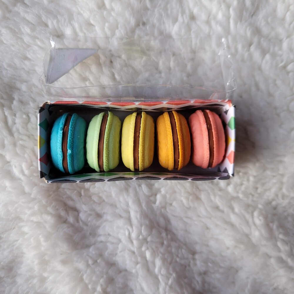Brand New Boxed Set of 5 Rainbow Macaron-Shaped Erasers